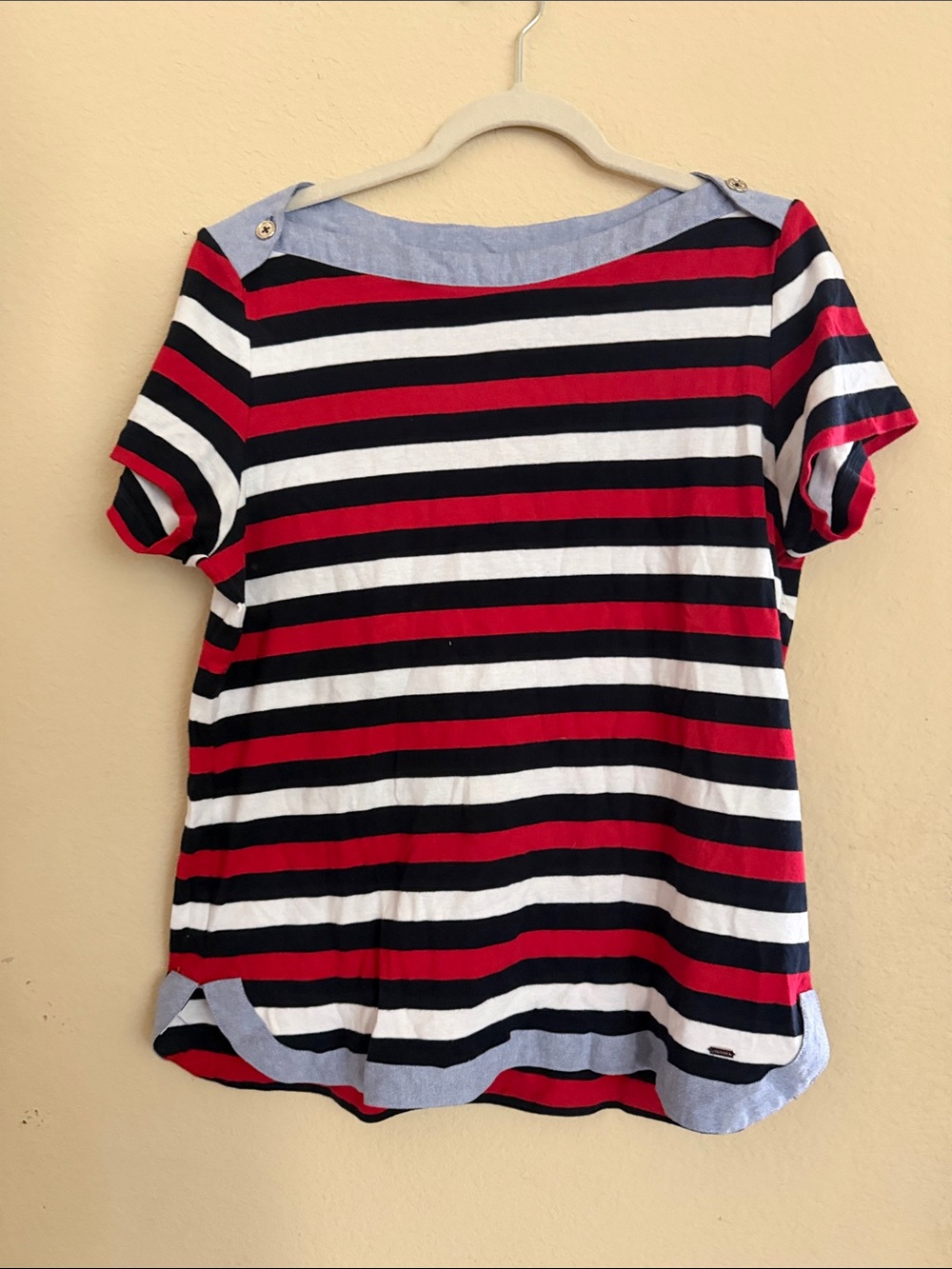 Tommy Hilfiger Red, Black & White Striped Short Sleeve Top